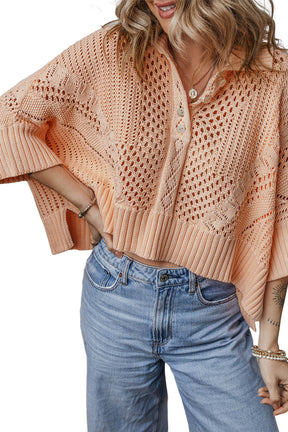 Apricot Pink Hollowed Knit 3/4 Dolman Sleeve Buttoned Collared Sweater-True and Wild