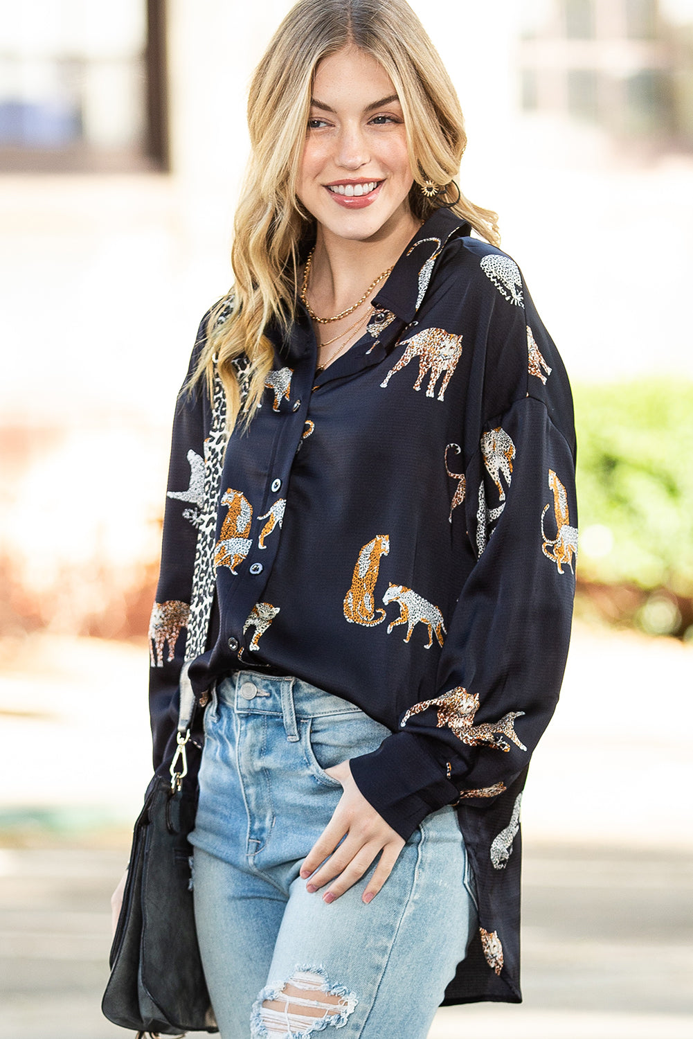 Black Animal Print Button Up Satin Shirt-True and Wild