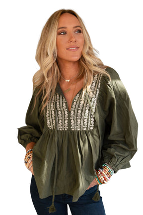 Green Embroidered Split Neck Pleated Loose Blouse-True and Wild