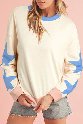 Parchment Star Patchwork Exposed Seam Oversized Sweatshirt-True and Wild