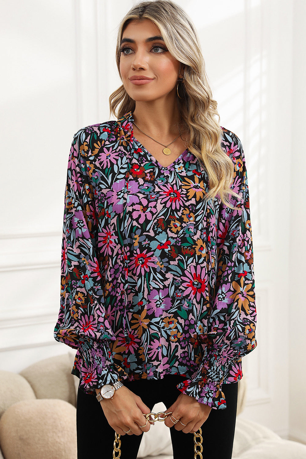 Multicolor Floral Boho Tie V Neck Peasant Blouse-True and Wild