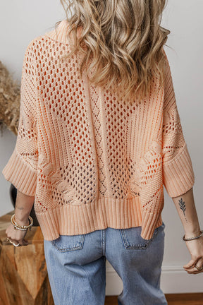 Apricot Pink Hollowed Knit 3/4 Dolman Sleeve Buttoned Collared Sweater-True and Wild