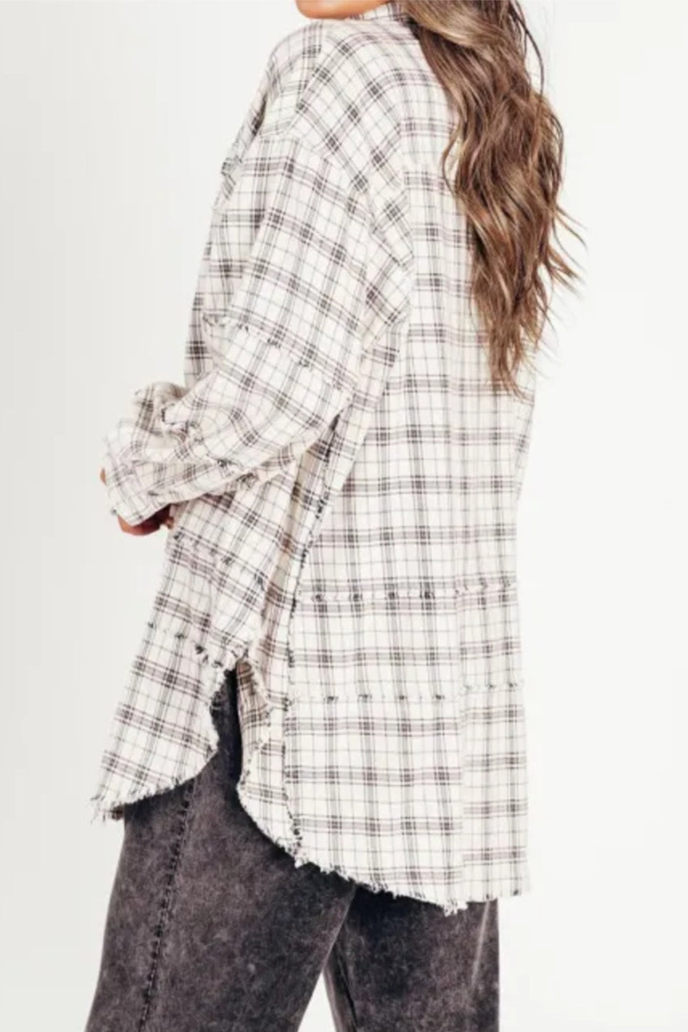 Exposed Seam Plaid Collared Neck Long Sleeve Shirt-True and Wild