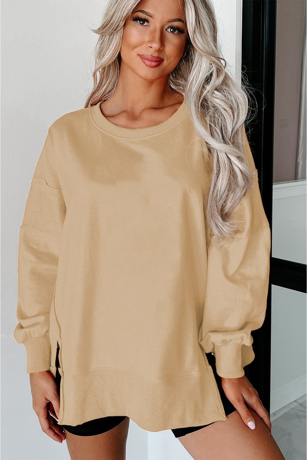 Carrot Exposed Seam Drop Shoulder Side Slit Sweatshirt-True and Wild