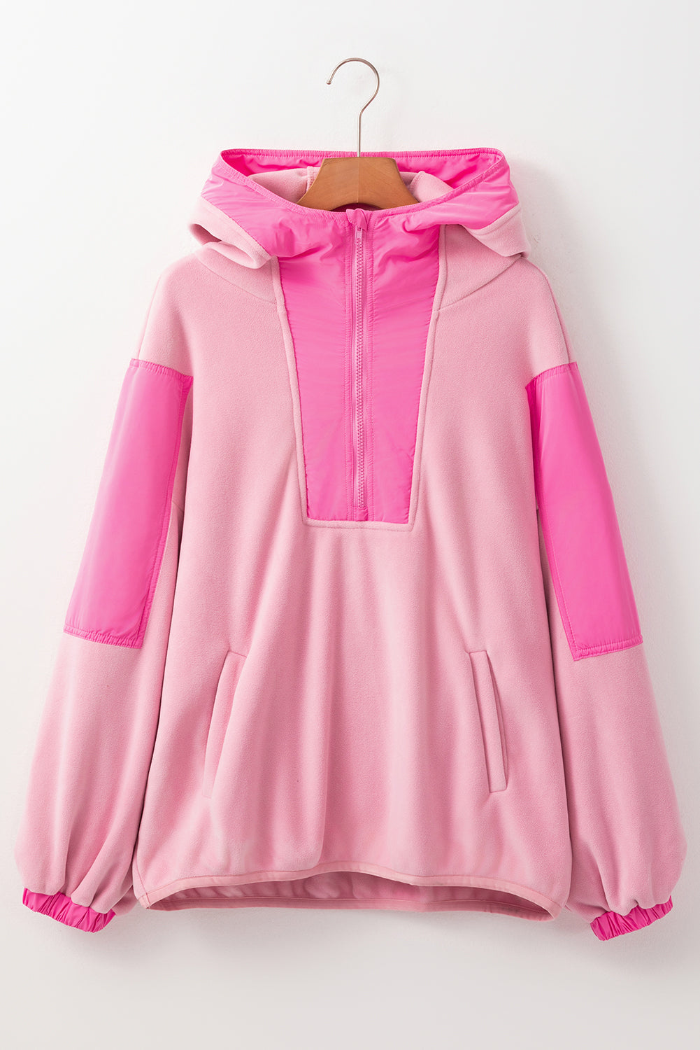 Pink Patchwork Half Zip Oversized Sherpa Hoodie-True and Wild