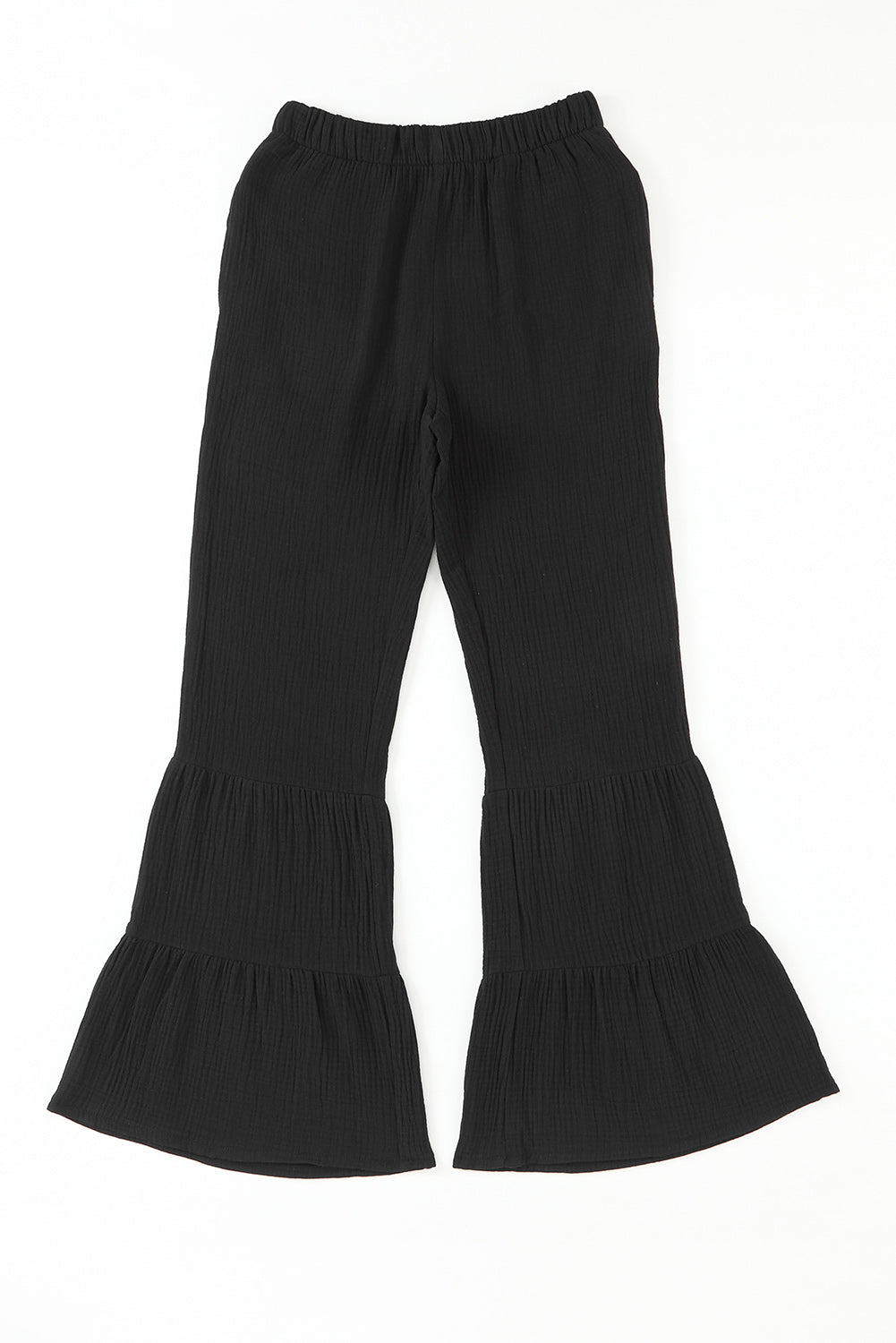 Black Plain Cotton Tiered Ruffle Flare High Waisted Pants-True and Wild