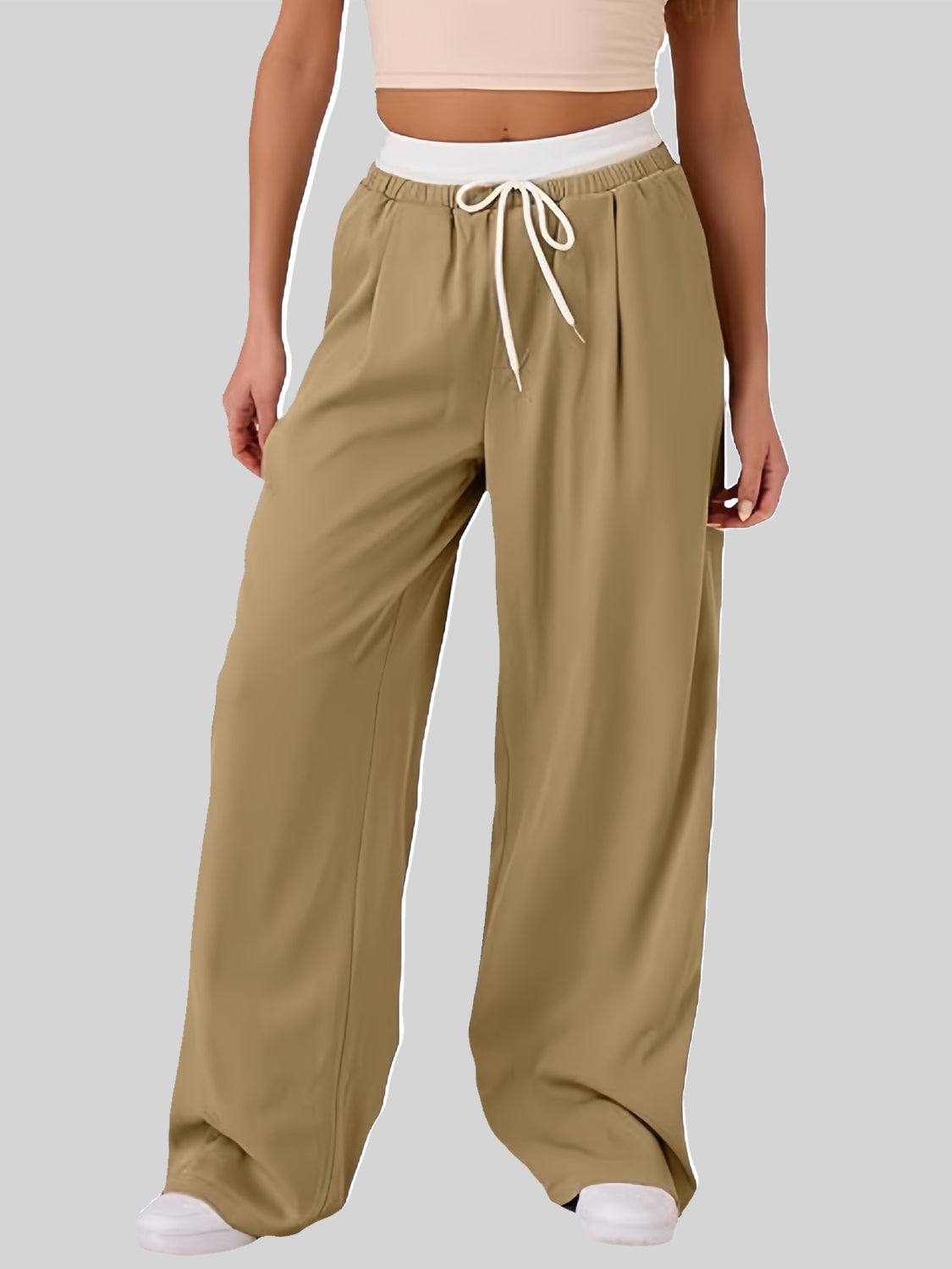 Contrast Waistband Drawstring Wide Leg Pants-True and Wild