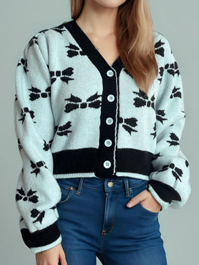 Bow V-Neck Button Down Long Sleeve Cardigan