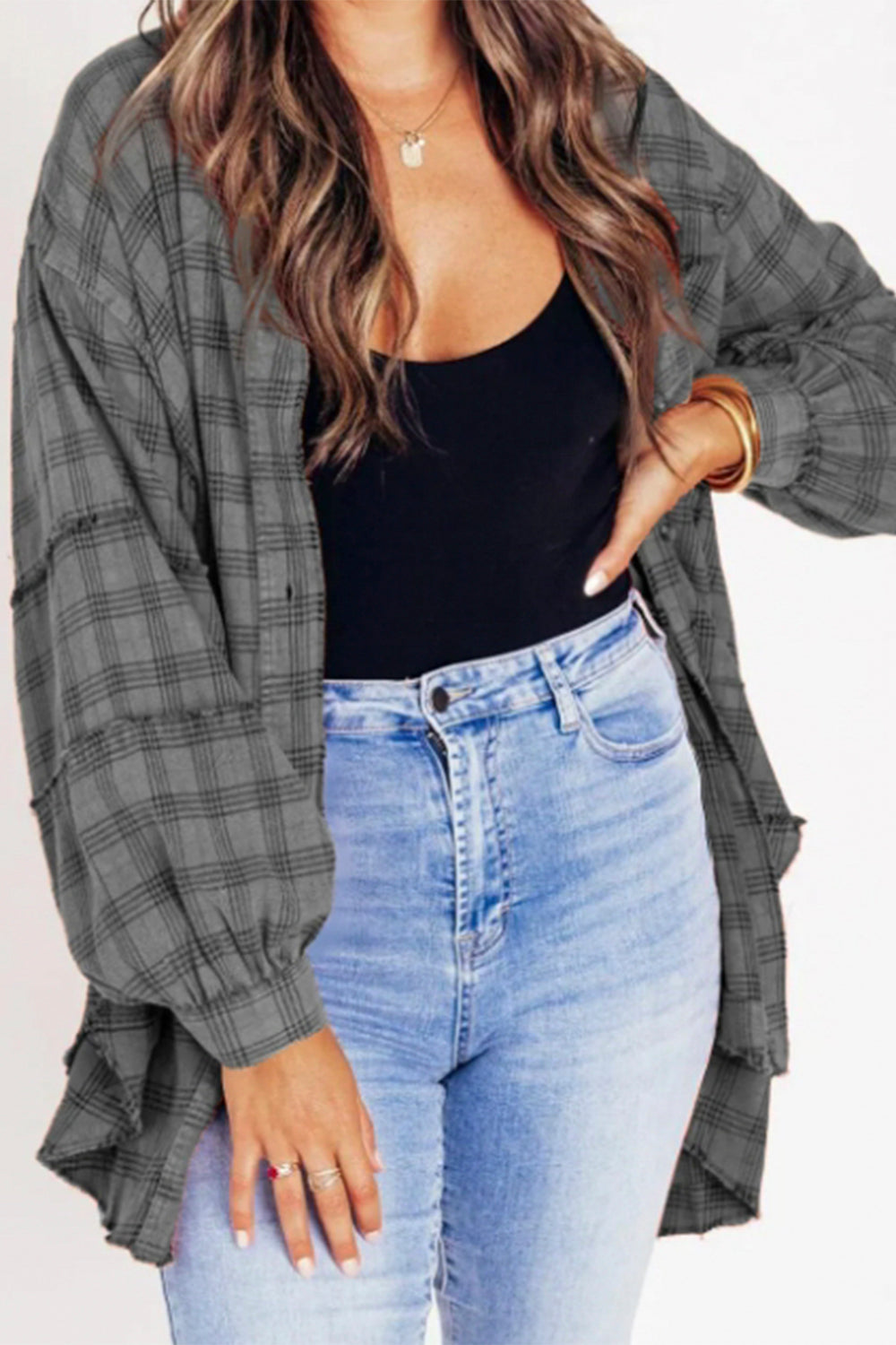 Exposed Seam Plaid Collared Neck Long Sleeve Shirt-True and Wild