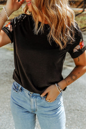 Black Casual Floral Embroidered Round Neck T Shirt-True and Wild