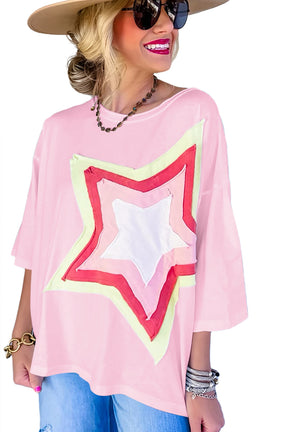 Moonlight Jade Colorblock Star Patched Half Sleeve Oversized Tee-True and Wild