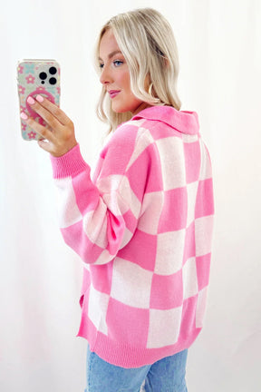 Pink Checkered Button Collared Sweater-True and Wild