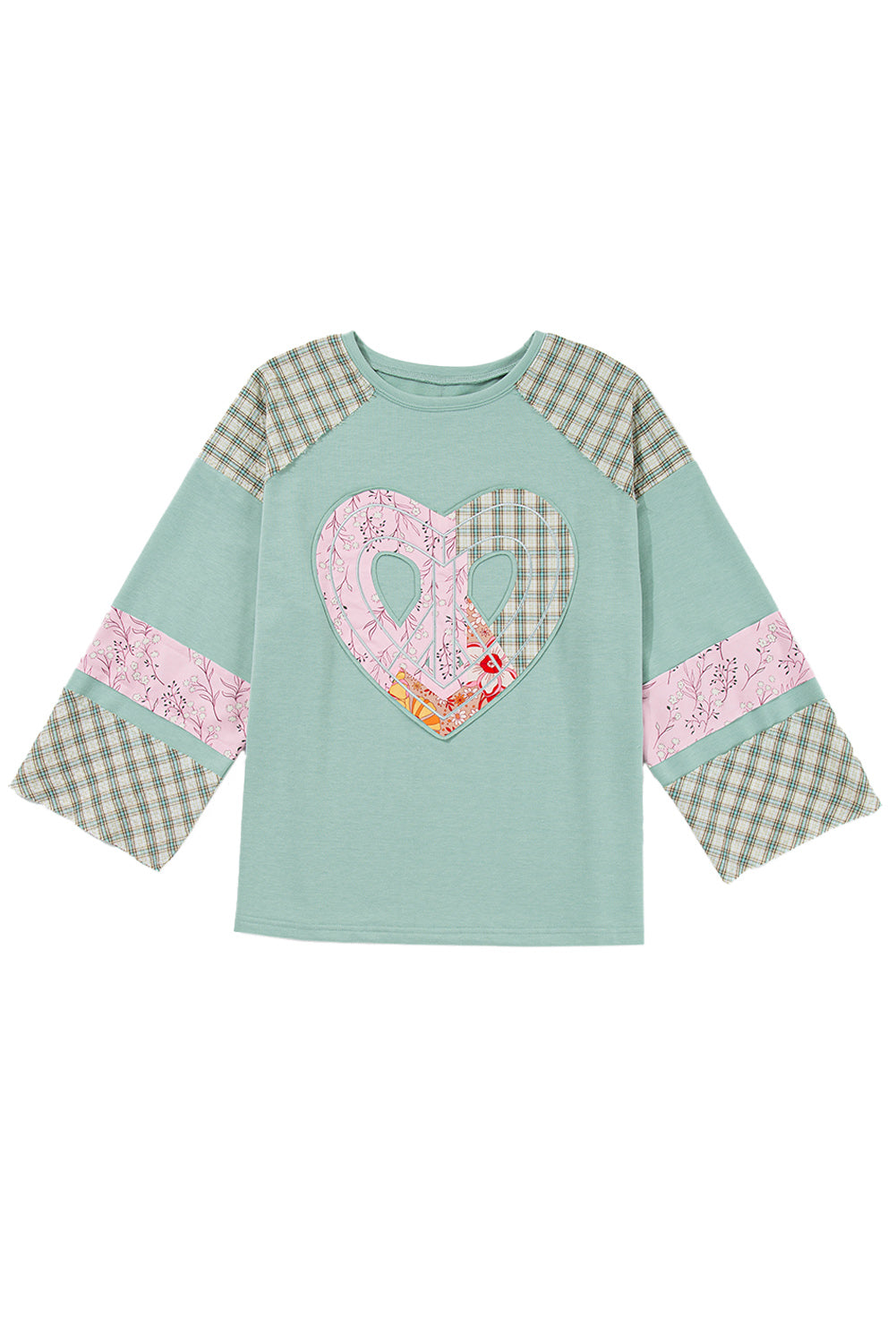 Aqua Plaid Floral Patchwork Heart Long Sleeve Top-True and Wild