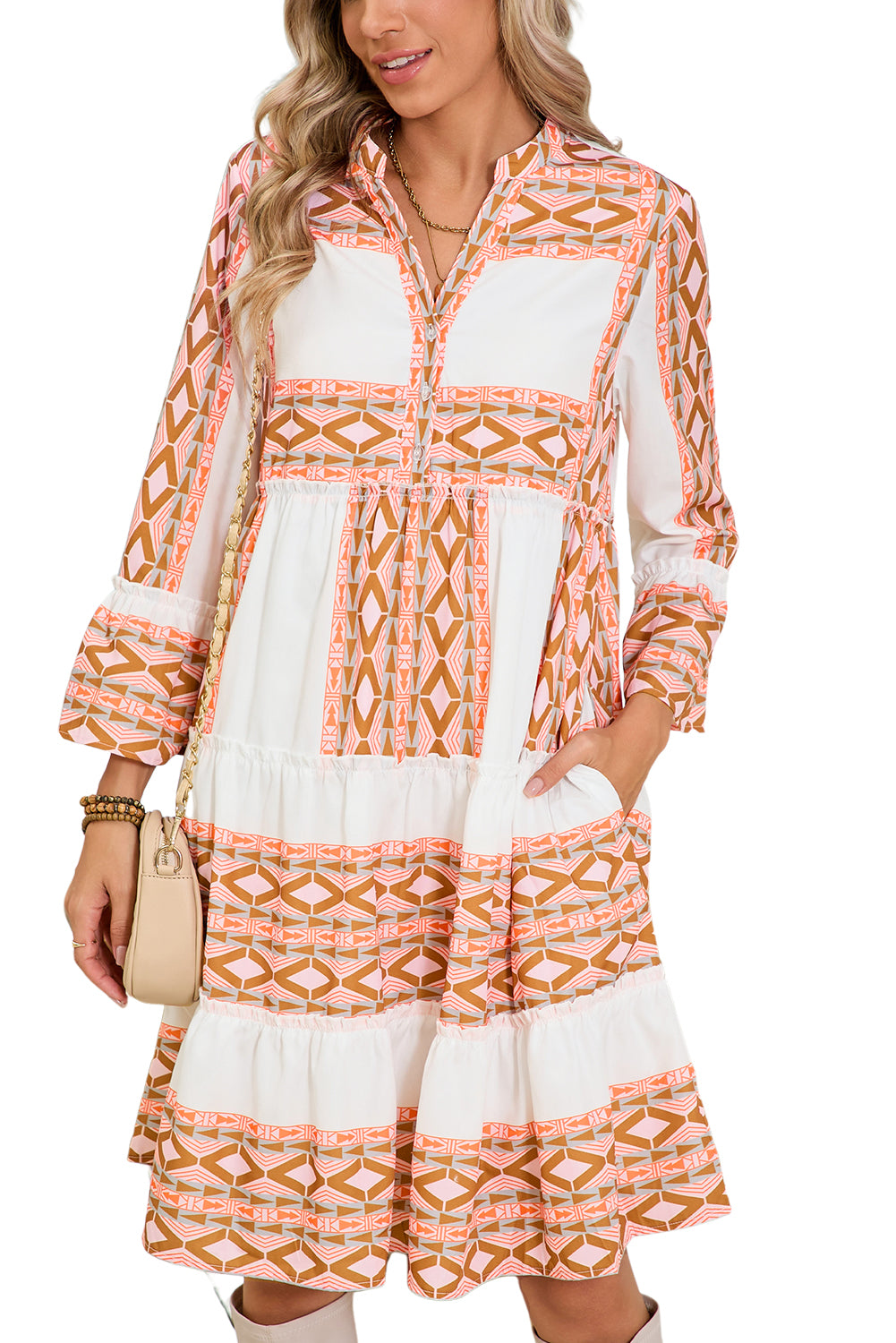 Orange Boho Geometric V-Neck Frill Tiered Mini Dress-True and Wild