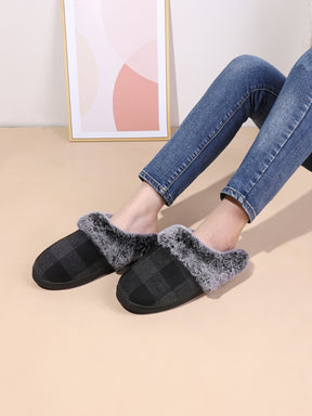 Plaid Furry Round Toe Flat Slippers-True and Wild