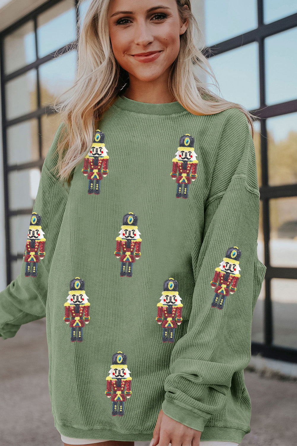 Grass Green Christmas Nutcracker Graphic Corded Pullover Sweatshirt-True and Wild