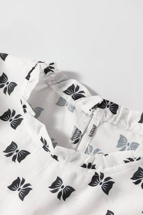 White Bowknot Print Frill Crew Neck Flowy Blouse