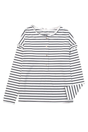 White Striped Snap Button Ruffle Trim Long Sleeve Top