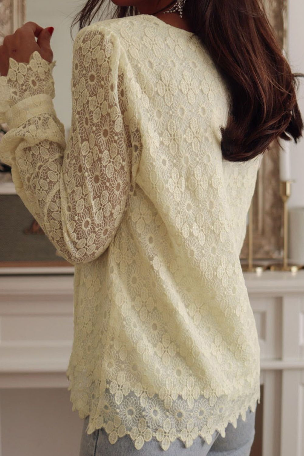 Lace Detail V-Neck Long Sleeve Blouse