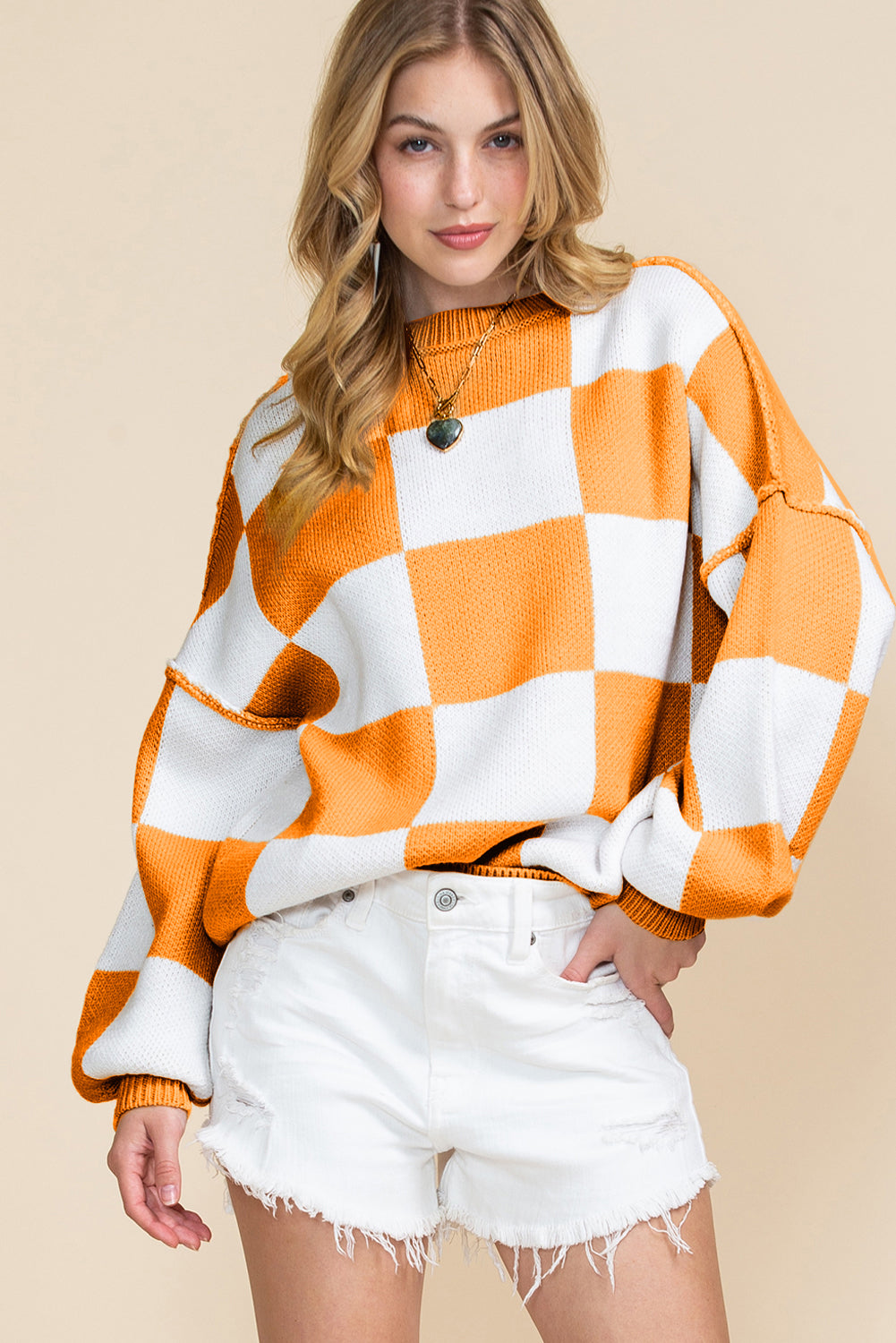 Orange & White Plaid Exposed Seam Bishop Sleeve Sweater-True and Wild