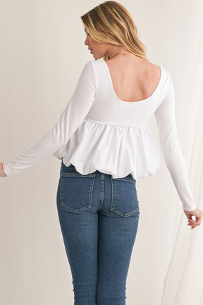 White Elegant Scoop Neck Bubble Hem Long Sleeve Top