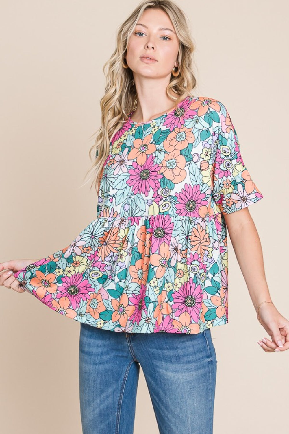 BOMBOM Floral Round Neck Short Sleeve Blouse-True and Wild