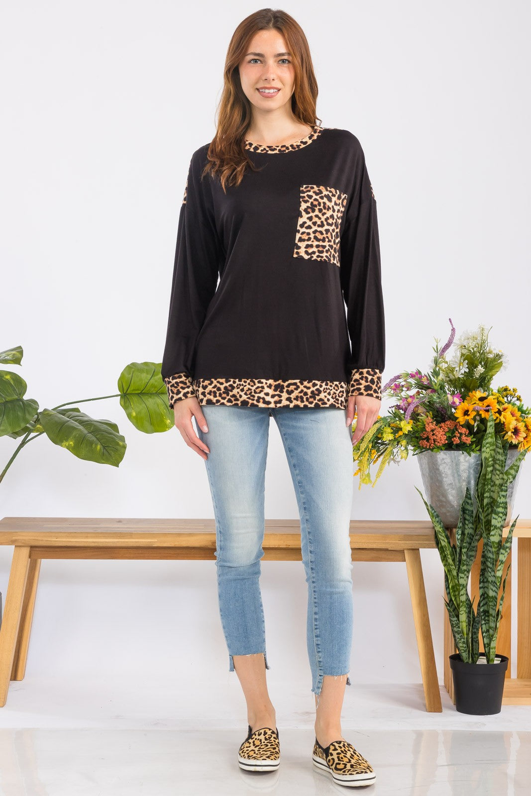 Celeste Full Size Leopard Round Neck Dropped Shoulder T-Shirt-True and Wild