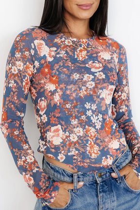 Orchid Petal Allover Floral Print Mesh Long Sleeve Top