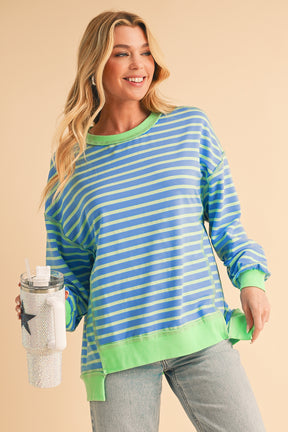 Pink Stripe Contrast Trim High Low Tunic Sweatshirt-True and Wild