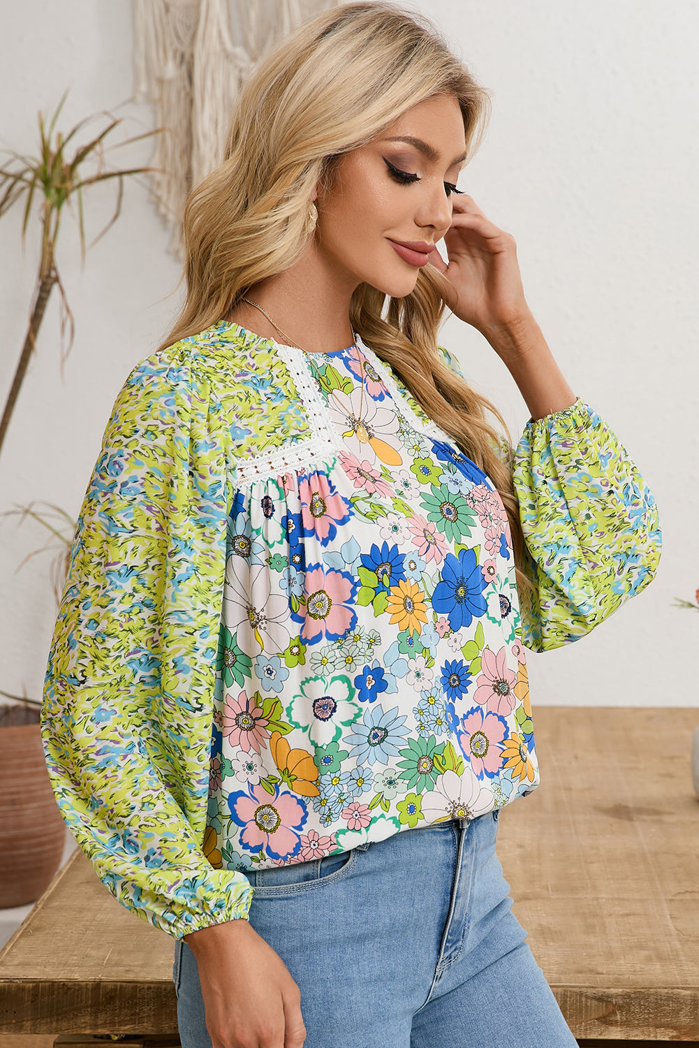 Green Bubble Sleeve Lace Detail Mixed Floral Blouse-True and Wild