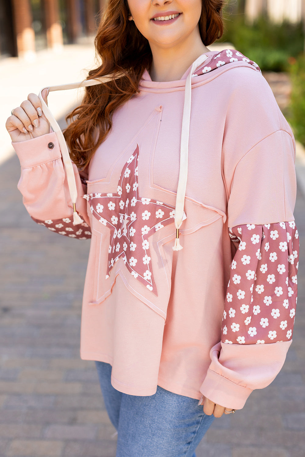 Delicacy Star Patched Floral Sleeve Plus Size Hoodie-True and Wild