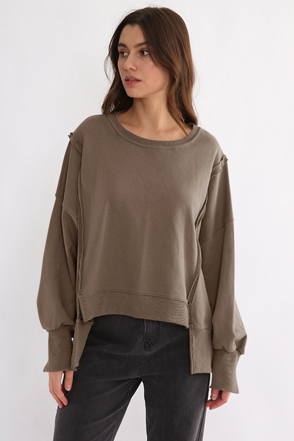 Exposed Seam High-Low Long Sleeve Sweatshirt-True and Wild