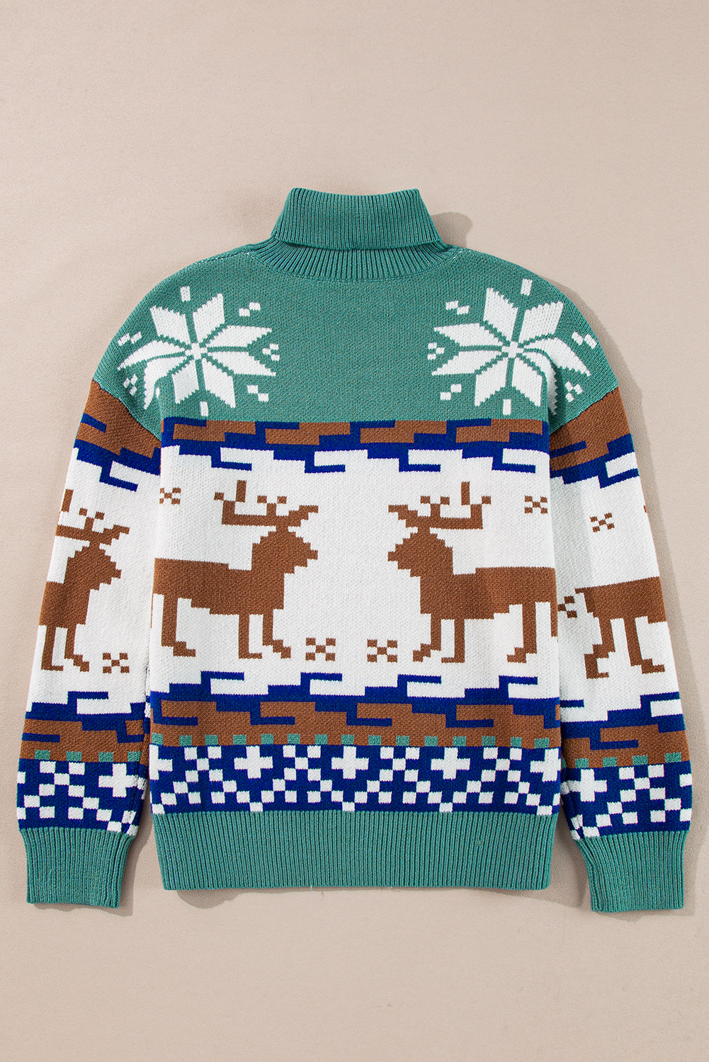 Canton Christmas Reindeer Snowflake Colorblock Turtleneck Sweater-True and Wild