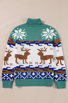 Canton Christmas Reindeer Snowflake Colorblock Turtleneck Sweater-True and Wild