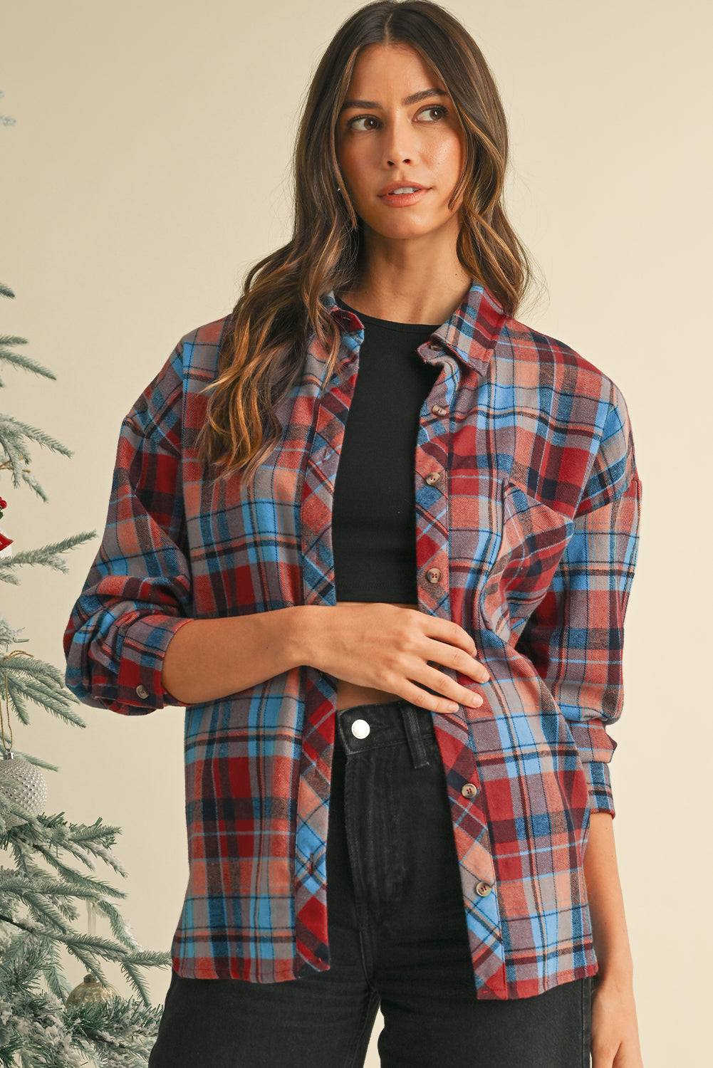 Red Plaid Print Drop Sleeve Loose Shirt-True and Wild