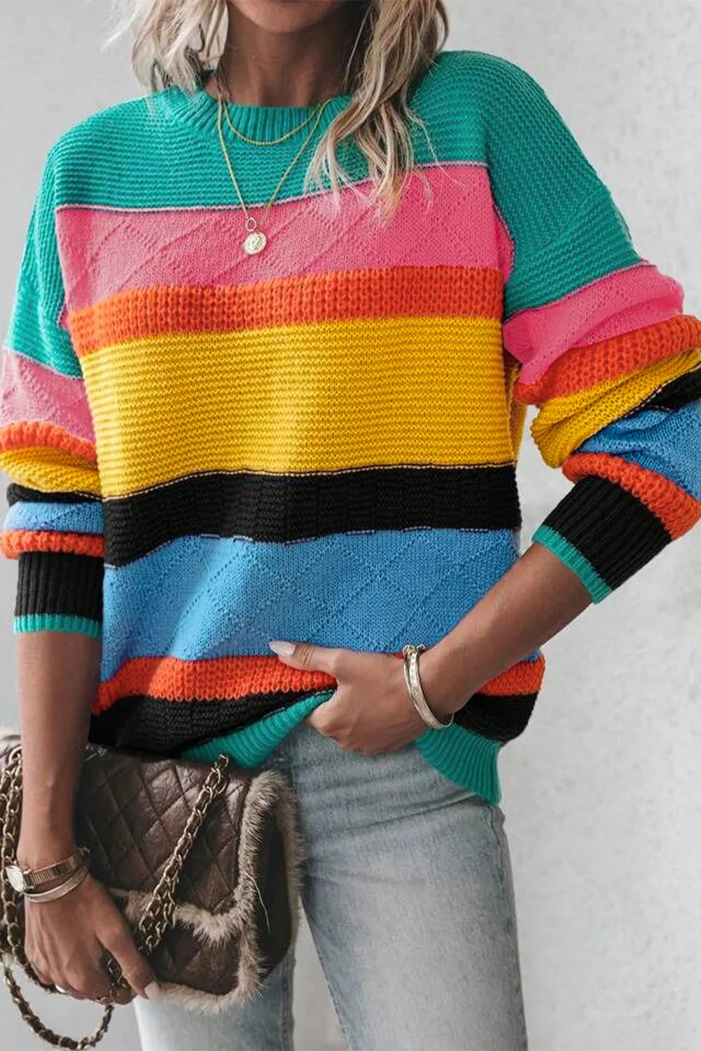 Contrast Round Neck Dropped Shoulder Sweater-True and Wild