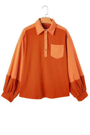 Orange Exposed Seam Puff Sleeve Henley Sweatshirt-True and Wild