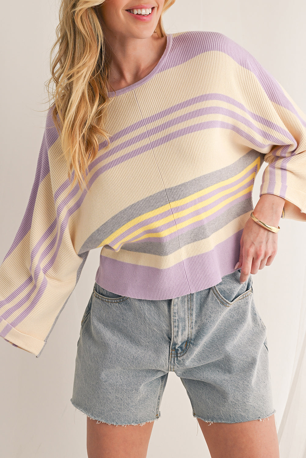 Purple Striped Rib-Knit Cropped Top-True and Wild