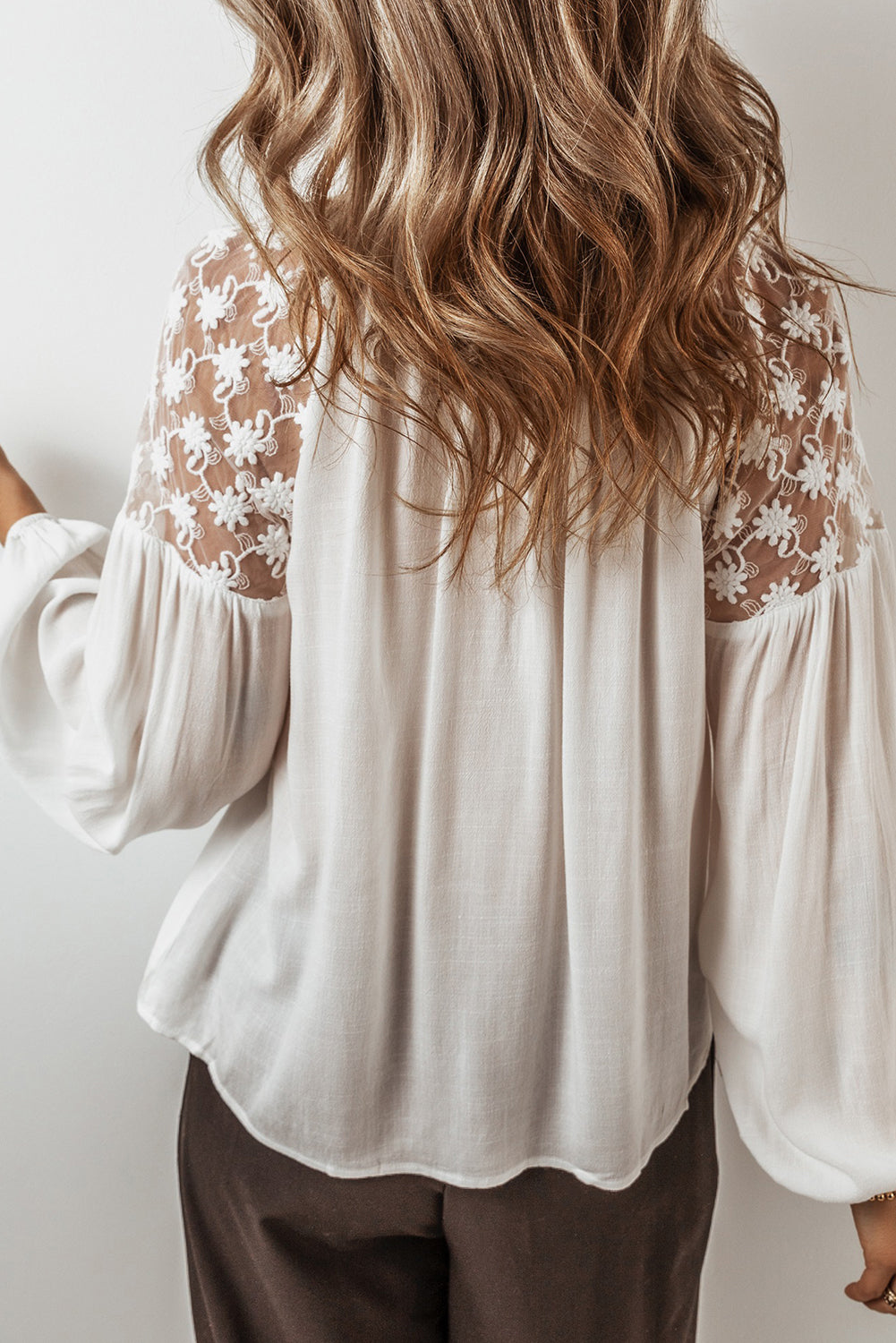 Lace Detail Tie Neck Long Sleeve Blouse-True and Wild