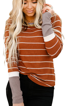 Brown Contrast Spliced Colorblock Cuffed Rib Knit Top-True and Wild