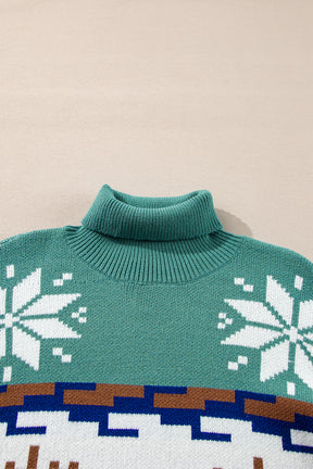 Canton Christmas Reindeer Snowflake Colorblock Turtleneck Sweater-True and Wild