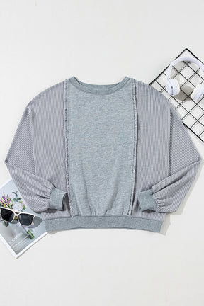 Light Grey Waffle Patchwork Long Sleeve Pullover Top