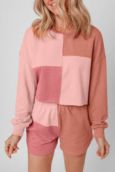 Peach Blossom Colorblock Long Sleeve Top & Pocketed Shorts Set-True and Wild