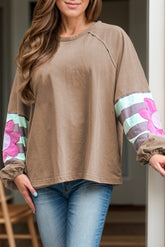 Plus Size Flower Round Neck Long Sleeve Blouse-True and Wild