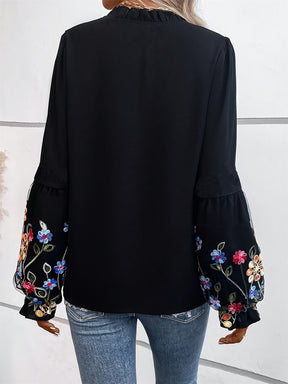 Embroidered Notched Long Sleeve Blouse-True and Wild