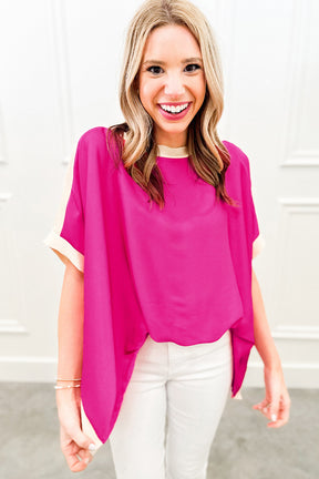 Rose Color Block Boat Neck Tunic Blouse