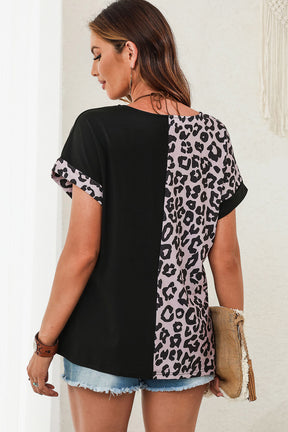 Black Leopard Print Color Block Rolled Up Sleeve Casual T Shirt-True and Wild