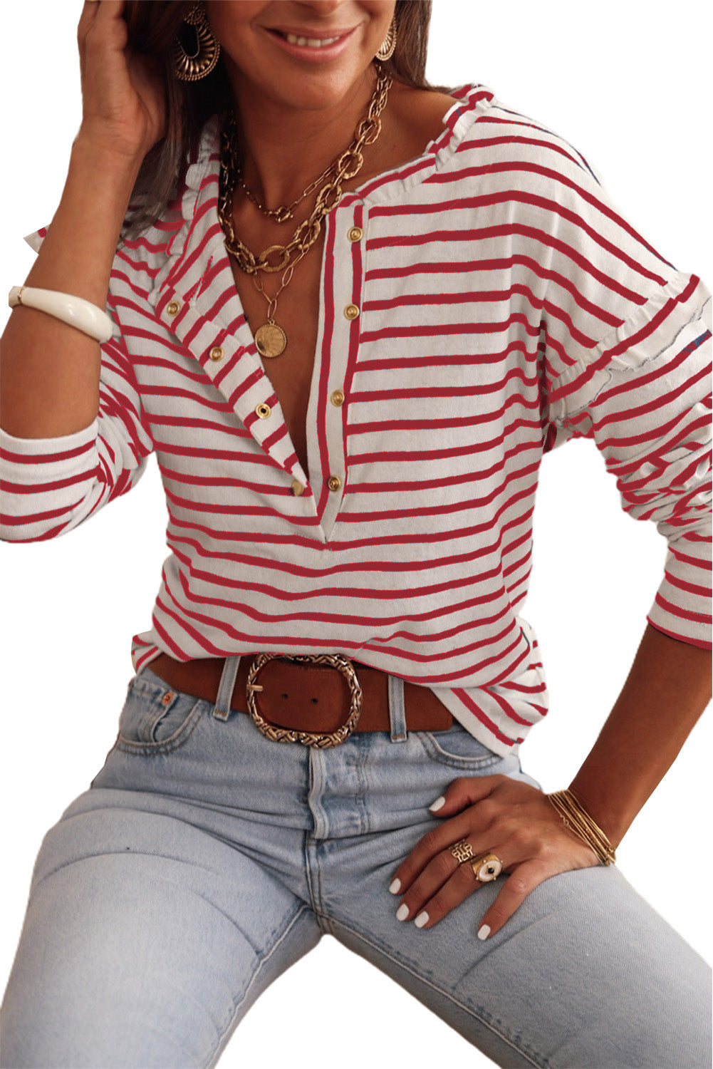 White Striped Snap Button Ruffle Trim Long Sleeve Top