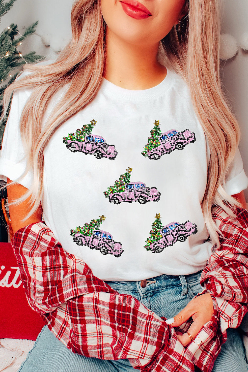 White Truck Christmas Tree Patched Pattern Crewneck Tee