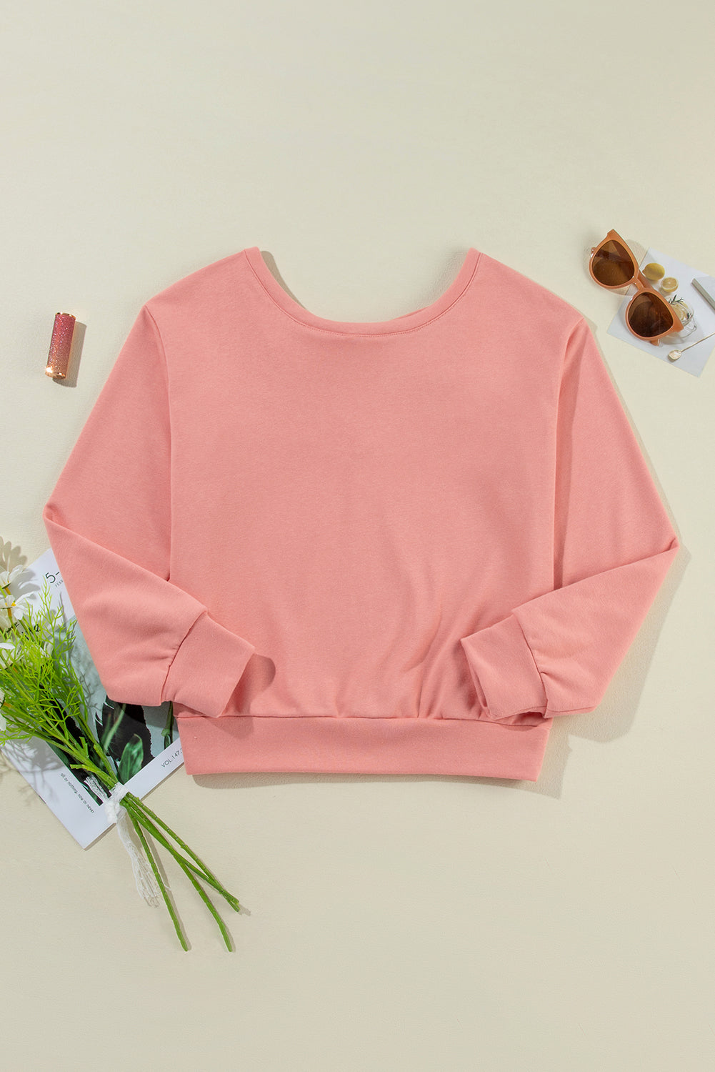 Apricot Bowknot Plain Round Neck Sweatshirt-True and Wild